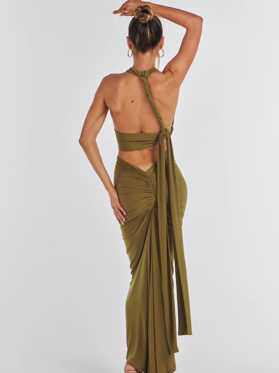 Backless Olive Maxi Dress With Ruched Detailing - Women's